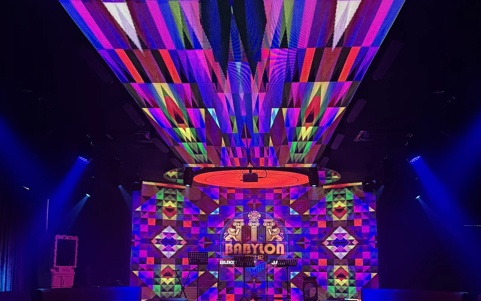 Multicolour illuminated ceiling and main stage at Babylon Club, Bukit Jalil
